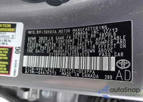 2014 Toyota Corolla Le Eco Premium from USA, damaged, VIN 2T1BPRHE1EC091513